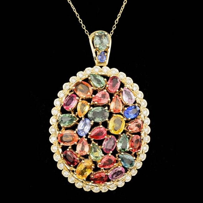 14k Gold 17.50ct Sapphire 1.10ct Diamond Pendant: Retail: $13,600.00 ****** 14k Gold 17.50ct Sapphire 1.10ct Diamond Pendant ****** Metal: 14k Solid Yellow Gold / Size: 16 / Total Item Weight: 16.5 grams / Country Made: United States / / Main Stone: 