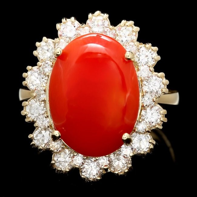 14k Yellow Gold 5.00ct Coral 1.50ct Diamond Ring: Retail: $9,800.00 ****** 14k Yellow Gold 5.00ct Coral 1.50ct Diamond Ring ****** Metal: 14k Solid Yellow Gold / Size: 6.75 / Total Item Weight: 7.0 grams / Country Made: United States / / Main Stone: 