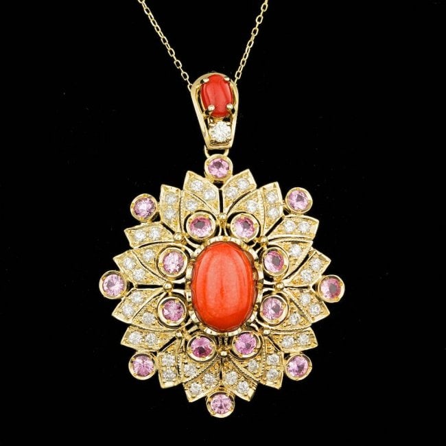 14k Gold 7.00ct Coral 1.80ct Diamond Pendant: Retail: $16,700.00 ****** 14k Gold 7.00ct Coral 1.80ct Diamond Pendant ****** Metal: 14k Solid Yellow Gold / Size: 16 / Total Item Weight: 12.5 grams / Country Made: United States / / Main Stone: Cora