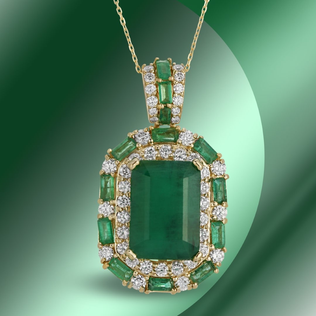 14K Gold 12.68cts Emerald & 2.68cts Diamond Pendant: Retail: $27,364***** 14K Gold 12.68cts Emerald & 2.68cts Diamond Pendant****** Metal: 14K Yellow Gold/ Total Wt.: 11.9g/ Country Made USA// Main Stone: Emerald / Carat Total Wt: 12.68cts / Treatment: 