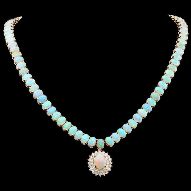 14k Gold 36.6ct Opal 1.50ct Diamond Necklace: Retail: $41,700.00 ****** 14k Gold 36.6ct Opal 1.50ct Diamond Necklace ****** Metal: 14k Solid Yellow Gold / Size: 16.5 / Total Item Weight: 34.7 grams / Country Made: United States / / Main Stone: Op