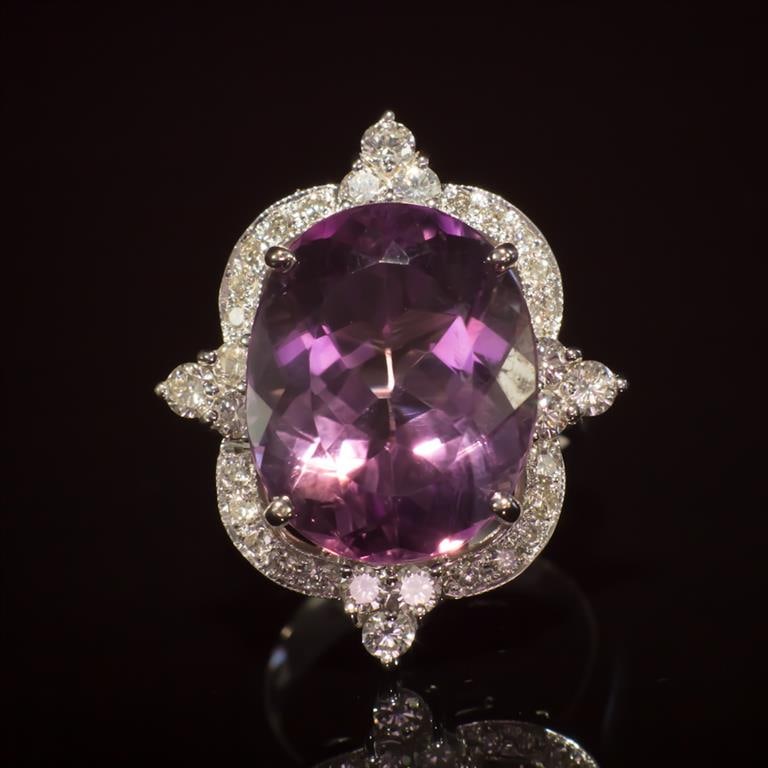 14K Gold 14.96ct Amethyst 1.21ct Diamond Ring: Retail: $11,372.00 ******14K Gold Amethyst & Diamond Ring ****** Metal: 14K Solid White Gold / Total Item Weight: 12.2 grams / Country Made: United States / / Main Stone: Amethyst / Color: Purple / Ca