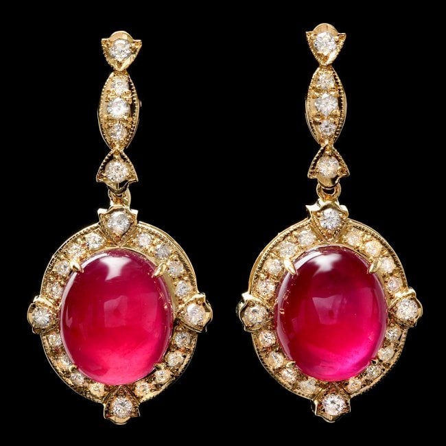 14k Gold 29.50ct Ruby 1.65ct Diamond Earrings: Retail: $21,360.00 ****** 14k Gold 29.50ct Ruby 1.65ct Diamond Earrings ****** Metal: 14k Solid Yellow Gold / Total Item Weight: 15.0 grams / Country Made: United States / / Main Stone: Ruby / Color: 