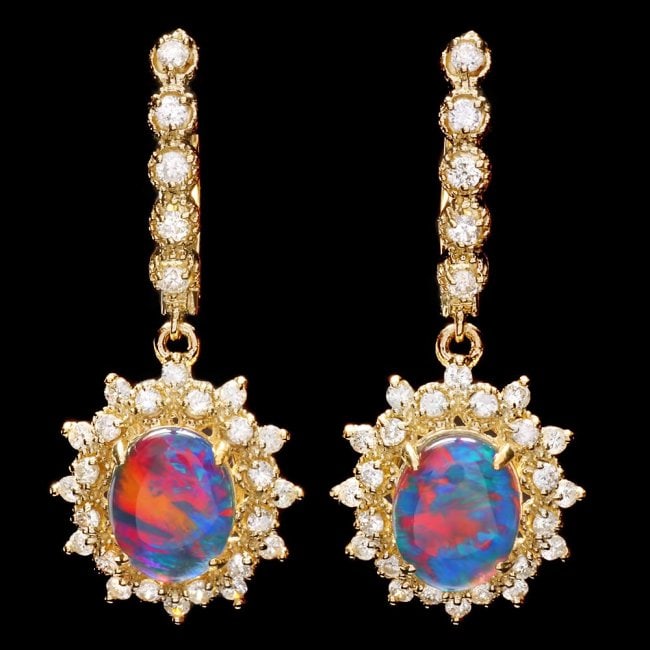 14k Gold 3.70ct Opal 1.30ct Diamond Earrings: Retail: $8,900.00 ****** 14k Gold 3.70ct Opal 1.30ct Diamond Earrings ****** Metal: 14k Solid Yellow Gold / Total Item Weight: 7.5 grams / Country Made: United States / / Main Stone: Opal / Color: Mul