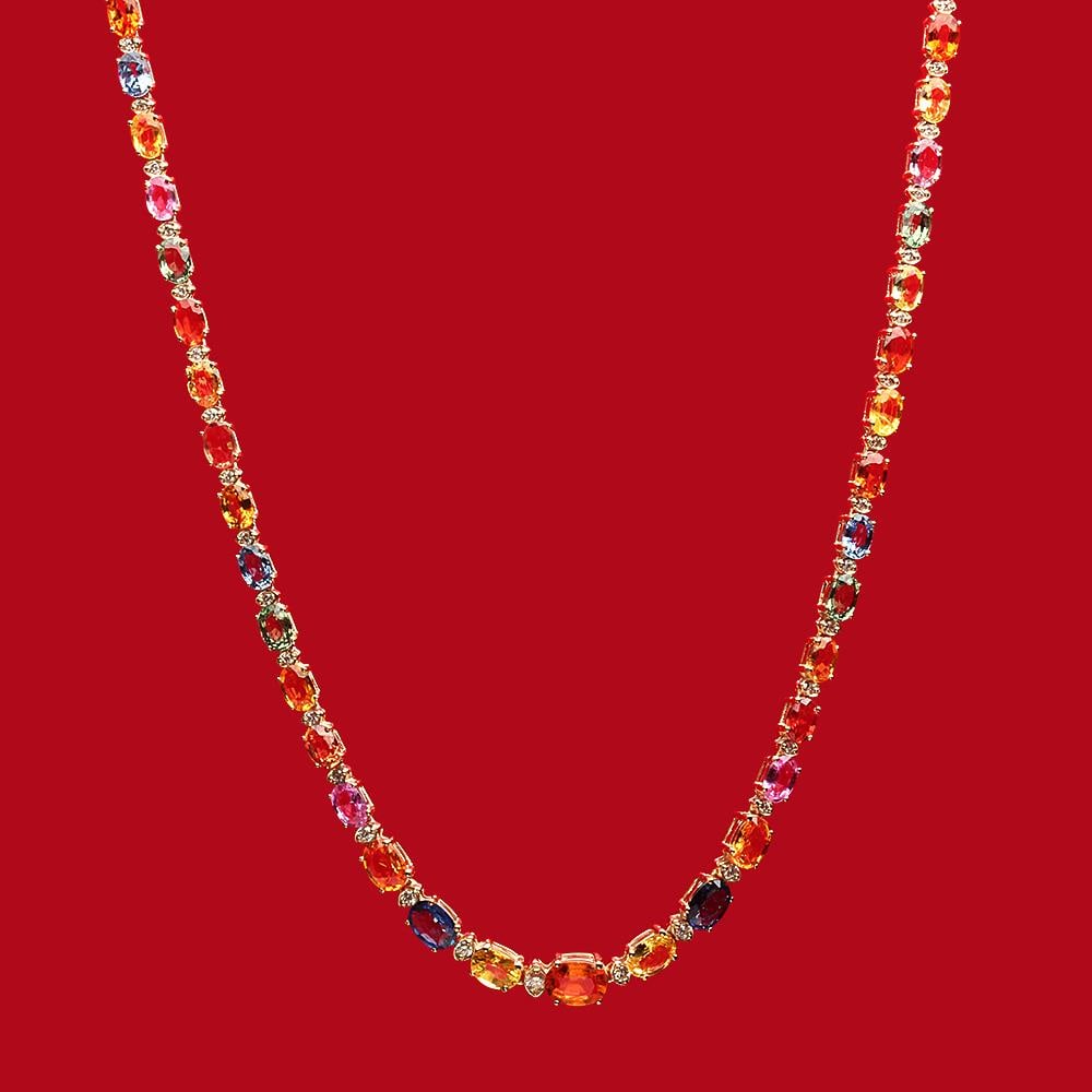 14K Gold 33.00ct Multi-Colored Sapphire 0.95ct Diamond Necklace: Retail: $18,750.00 ****** 14K Gold 33.00ct Multi-Colored Sapphire 0.95ct Diamond Necklace****** Metal: 14K Solid Gold / Total Item Weight: 21.6 grams / Country Made: United States / / Main Stone: Sapp