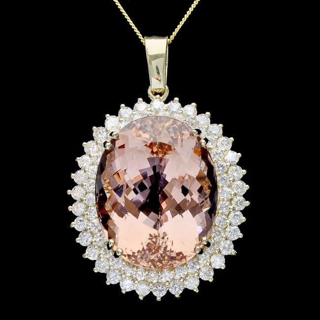 14k Gold 41ct Morganite 3.4ct Diamond Pendant: Retail: $32,500.00 ****** 14k Gold 41ct Morganite 3.4ct Diamond Pendant ****** Metal: 14k Solid Yellow Gold / Size: 16 / Total Item Weight: 20.5 grams / Country Made: United States / / Main Stone: Mor