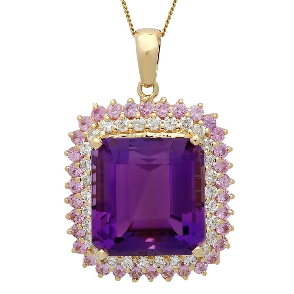 14K Gold 26.16ct Amethyst 2.05ct Sapphire 1.45ct Diamond Pendant: Retail: $12,520.00 ****** 14K Gold 26.16ct Amethyst 2.05ct Pink Sapphire 1.45ct Diamond Pendant ****** Metal: 14K Solid Gold / Total Item Weight: 17.0 grams / Country Made: United States / / Main Ston