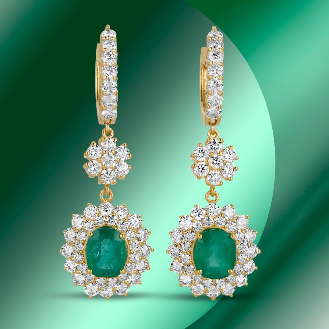 14K Gold 5.84cts Emerald & 7.02cts Diamond Earrings: Retail: $38,917***** 14K Gold 5.84cts Emerald & 7.02cts Diamond Earrings****** Metal: 14K Yellow Gold/ Total Wt.: 14.8g/ Country Made USA// Main Stone: Emerald / Carat Total Wt: 5.84cts / Treatment: N