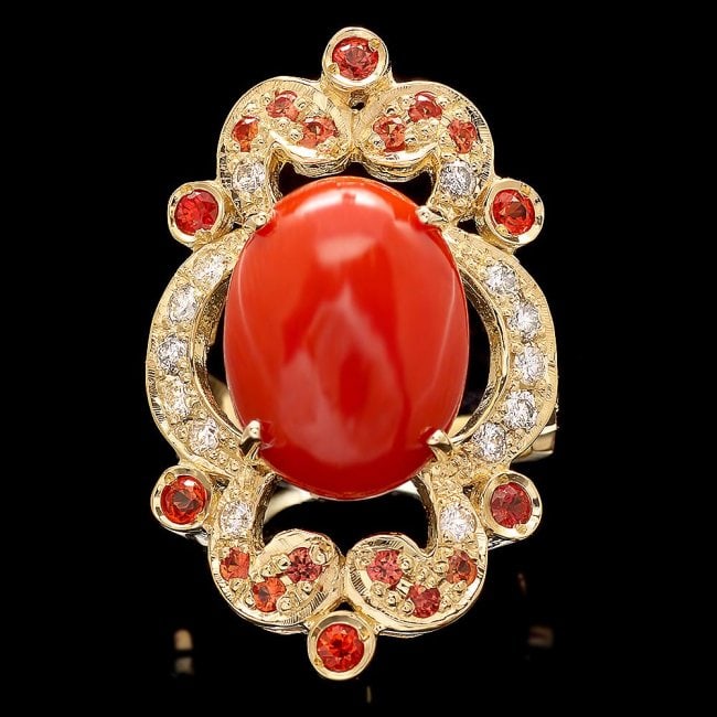 14k Yellow Gold 6.00ct Coral 0.70ct Diamond Ring: Retail: $9,400.00 ****** 14k Yellow Gold 6.00ct Coral 0.70ct Diamond Ring ****** Metal: 14k Solid Yellow Gold / Size: 7.25 / Total Item Weight: 10.0 grams / Country Made: United States / / Main Stone: