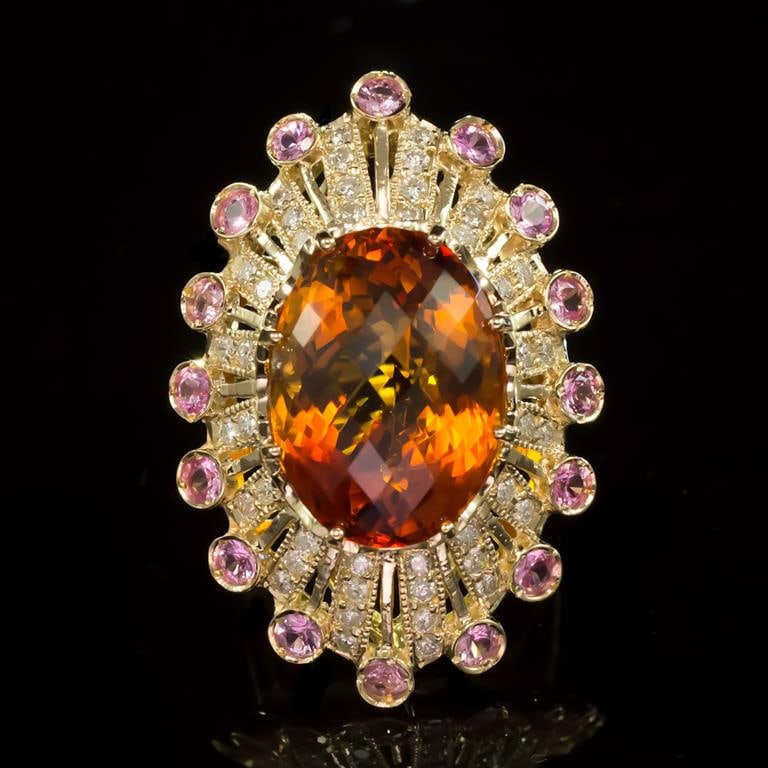 14K Gold 15.34ct Citrine, 0.90ct Pink Sapphire 1.10ct Diamond Ring: Retail: $11,410.00 ****** Citrine, Pink Sapphire & Diamond Ring ****** Metal: 14K Solid Yellow Gold / Total Item Weight: 13.7 grams / Country Made: United States / / Main Stone: Citrine / Color: Orang