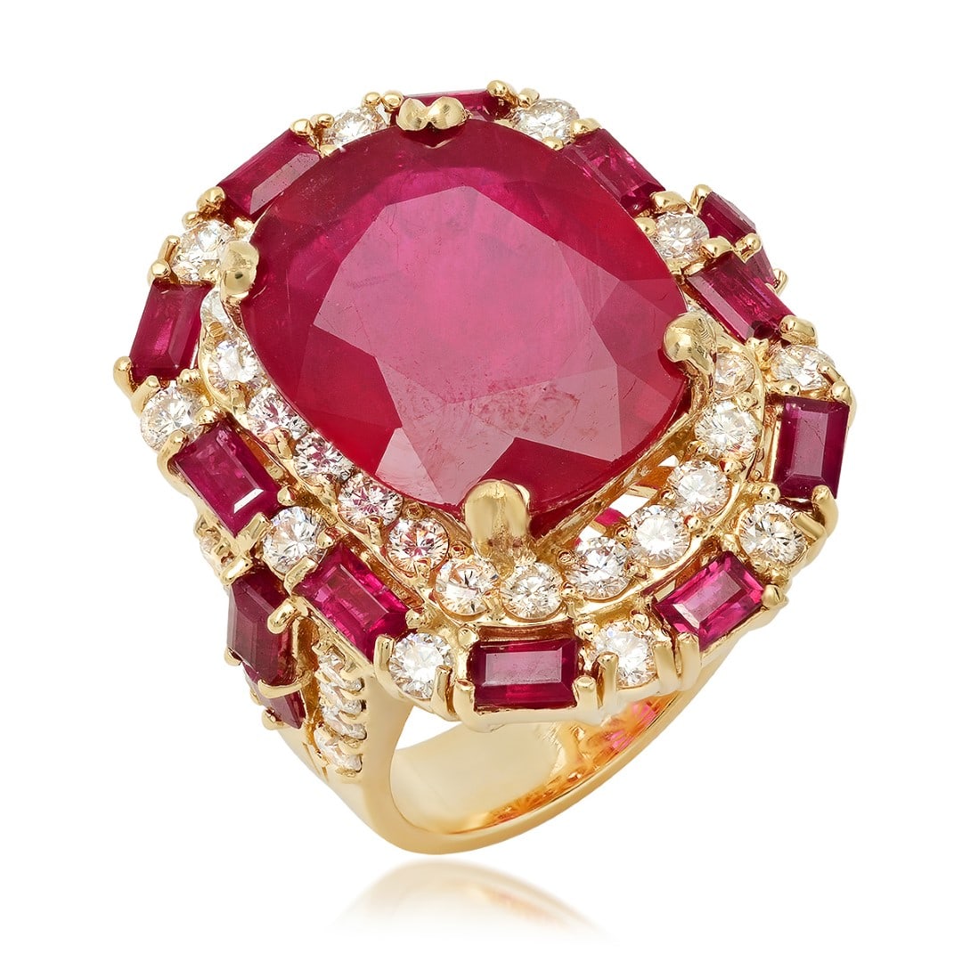 14K Yellow Gold, 16.00.cts Ruby, 2.85cts Diamond Ring: Retail: $22,350.00****** 14K Yellow Gold, 16.00.cts Ruby, 2.85cts Diamond Ring******* Metal: 14K Yellow Gold/ Country Made USA// Main Stone: Ruby/ Adjacent Stone: Diamond/ Main Stone Wt.: 16.00cts/ Ad