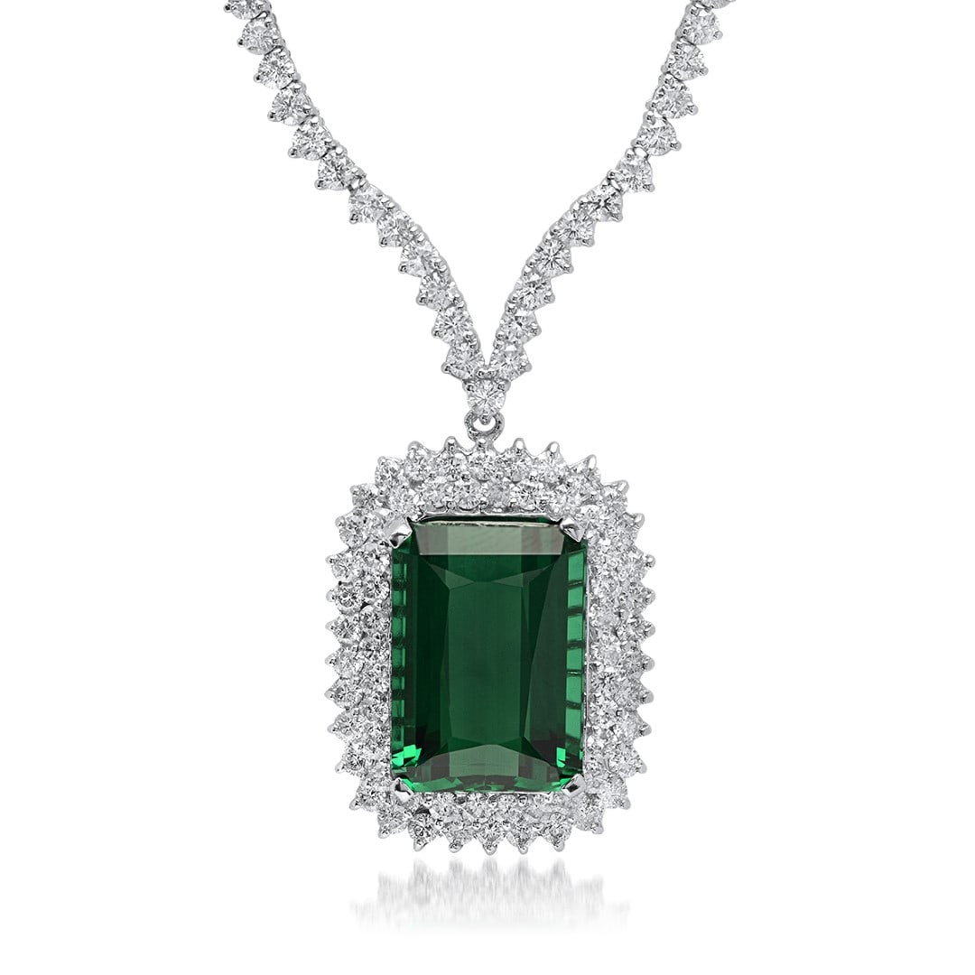 18K White Gold, 21.00cts Tourmaline, 8.40cts Diamond Necklace: Retail: $107,922.00****** 18K White Gold, 21.00cts Tourmaline, 8.40cts Diamond Necklace, ******* Metal: 18K White Gold/ Total Wt.: 26g/ Country Made USA// Main Stone: Tourmaline/ Adjacent Stone: