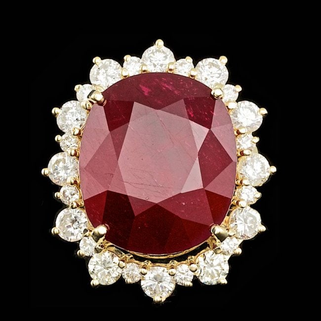 14k Yellow Gold 25.50ct Ruby 2.25ct Diamond Ring: Retail: $9,000.00 ****** 14k Yellow Gold 25.50ct Ruby 2.25ct Diamond Ring ****** Metal: 14k Solid Yellow Gold / Size: 7.5 / Total Item Weight: 16.5 grams / Country Made: United States / / Main Stone: 