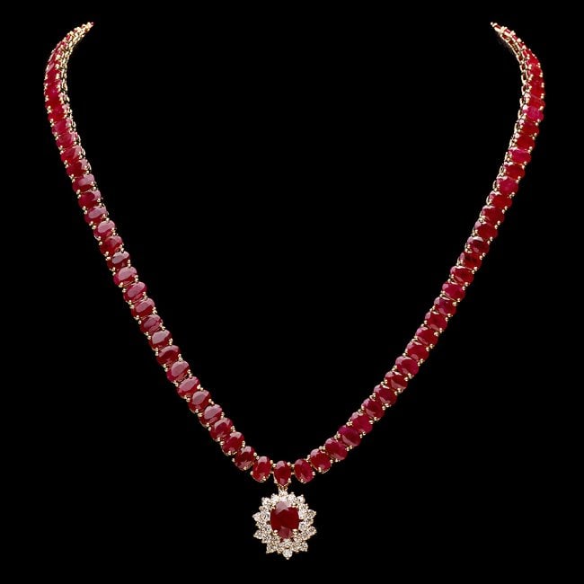 14k Gold 54.9ct Ruby 1.40ct Diamond Necklace: Retail: $48,750.00 ****** 14k Gold 54.9ct Ruby 1.40ct Diamond Necklace ****** Metal: 14k Solid Yellow Gold / Size: 17 / Total Item Weight: 36.5 grams / Country Made: United States / / Main Stone: Ruby