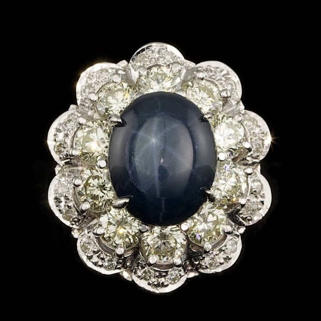 14k White Gold 6.00ct Sapphire 3ct Diamond Ring: Retail: $24,800.00 ****** 14k White Gold 6.00ct Sapphire 3ct Diamond Ring ****** Metal: 14k Solid White Gold / Size: 6.5 / Total Item Weight: 9.0 grams / Country Made: United States / / Main Stone: Sa