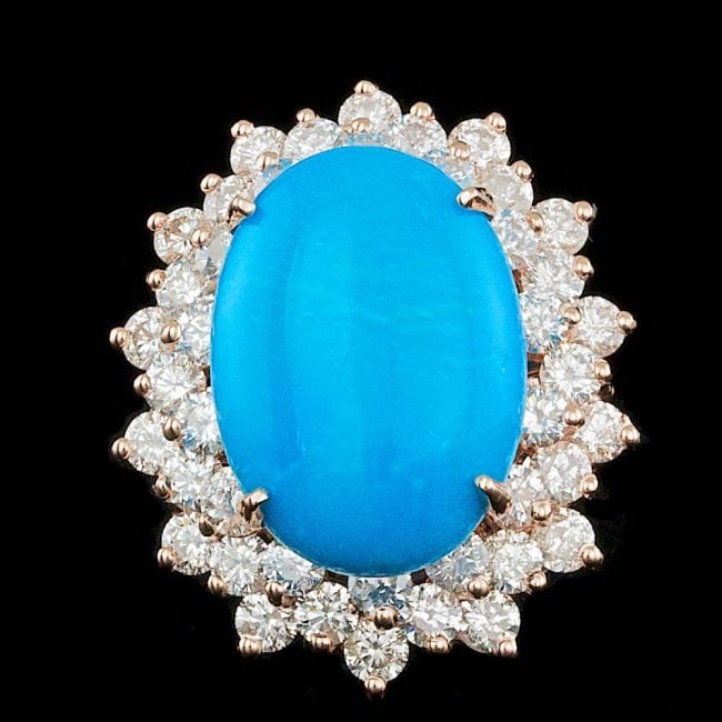 14k Rose 8.50ct Turquoise 3.00ct Diamond Ring: Retail: $18,800.00 ****** 14k Rose 8.50ct Turquoise 3.00ct Diamond Ring ****** Metal: 14k Solid Rose Gold / Size: 7 / Total Item Weight: 10.0 grams / Country Made: United States / / Main Stone: Turquo
