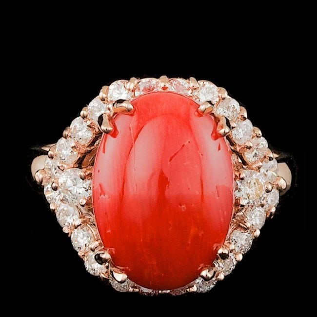 14k Rose Gold 5.50ct Coral 0.90ct Diamond Ring: Retail: $8,600.00 ****** 14k Rose Gold 5.50ct Coral 0.90ct Diamond Ring ****** Metal: 14k Solid Rose Gold / Size: 7 / Total Item Weight: 6.0 grams / Country Made: United States / / Main Stone: Coral /