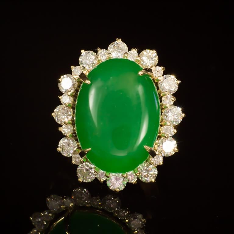 14K Gold 14.26ct Jadeite 2.41ct Diamond Ring: Retail: $14,785.00 ****** Jadeite & Diamond Ring ****** Metal: 14K Solid Gold / Total Item Weight: 14.2 grams / Country Made: United States / / Main Stone: Jadeite / Color: Green / Carat Total Weight: