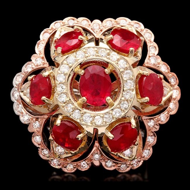 14k Gold 12.00ct Ruby 1.35ct Diamond Ring: Retail: $12,750.00 ****** 14k Gold 12.00ct Ruby 1.35ct Diamond Ring ****** Metal: 14k Solid Multi-Tone Gold / Size: 7 / Total Item Weight: 15.5 grams / Country Made: United States / / Main Stone: Ruby