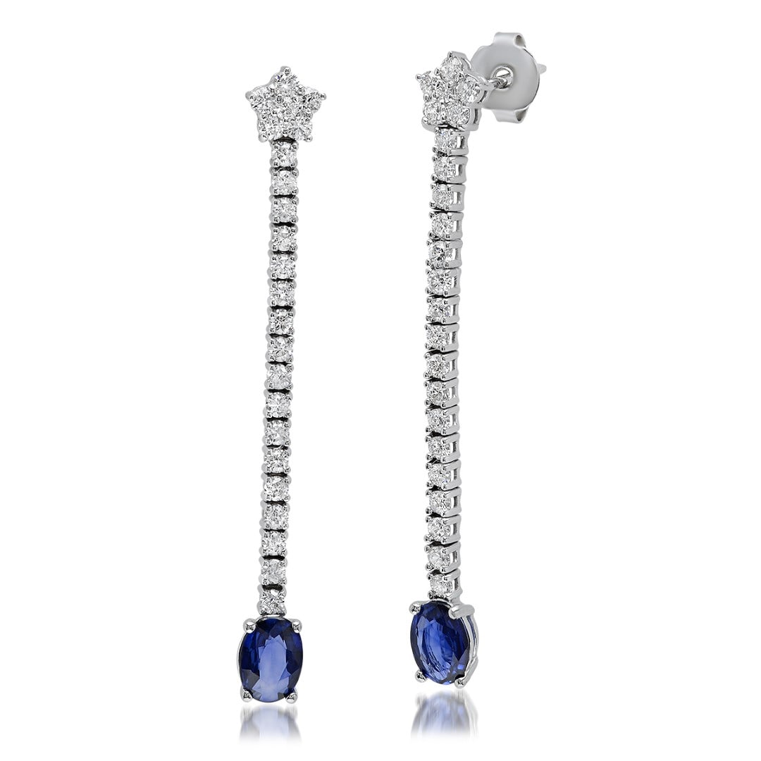 14K Solid White Gold, 1.36cts Sapphire & 1.17cts Diamond Earrings: Retail: $4,529.00****** 14K Solid White Gold,1.36cts. Sapphire & 1.17cts.Diamond Earrings******* Metal: 14K Solid White Gold/ Total Wt.: 3.8g/ Country Made USA/ Main Stone: Sapphire/ Adjacent Stone: D