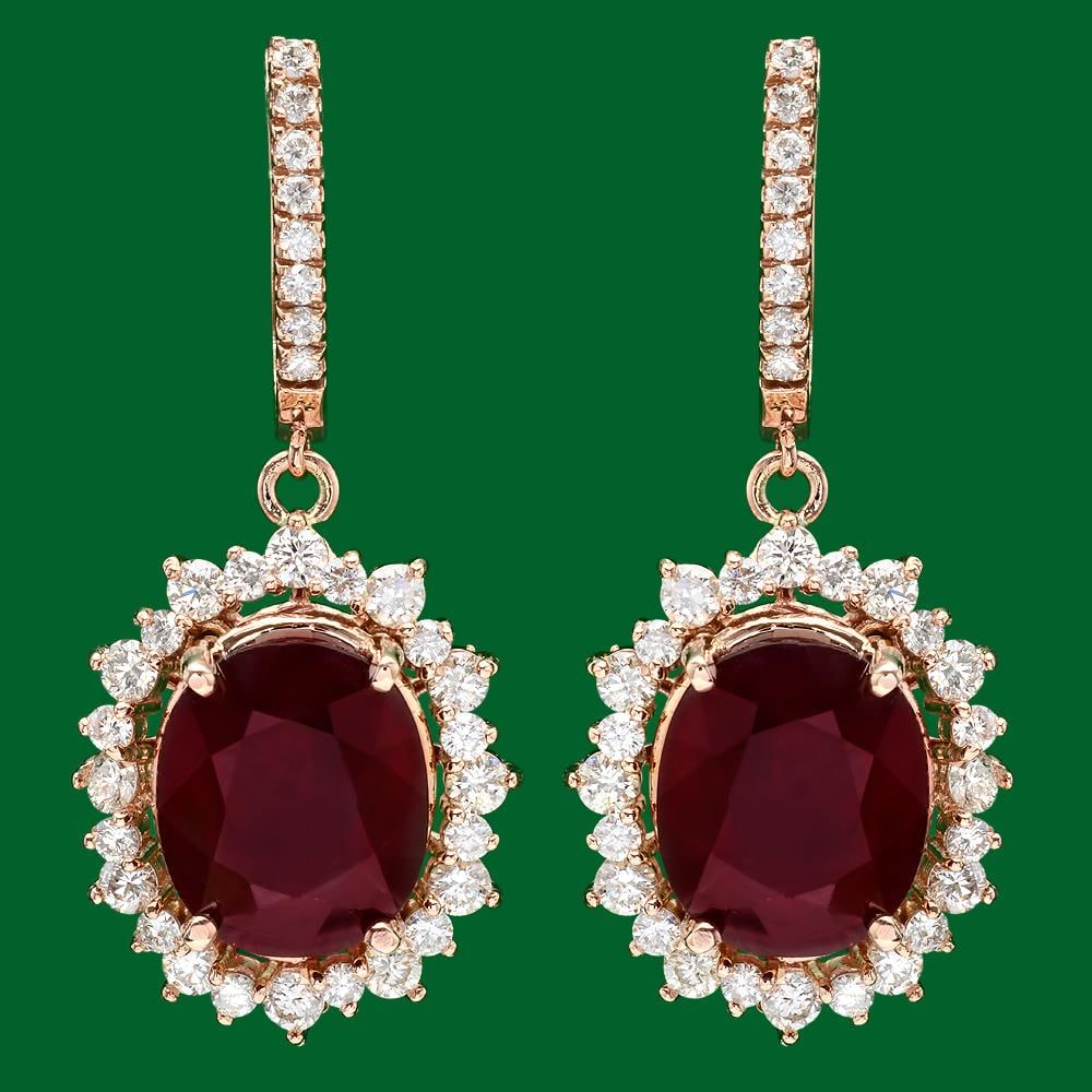 14k Gold 18.88ct Ruby 2.65ct Diamond Earrings: Retail: $14,420.00 ****** 14k Gold 18.88ct Ruby 2.65ct Diamond Earrings ****** Metal: 14k Solid Yellow Gold / Total Item Weight: 15.3 grams / Country Made: United States / / Main Stone: Ruby / Color: 