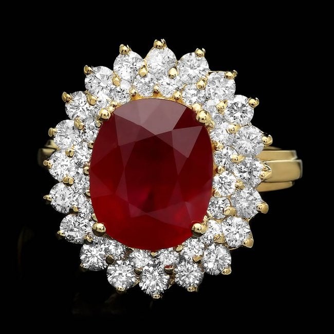 14k Yellow Gold 5.60ct Ruby 1.60ct Diamond Ring: Retail: $9,500.00 ****** 14k Yellow Gold 5.60ct Ruby 1.60ct Diamond Ring ****** Metal: 14k Solid Yellow Gold / Size: 7 / Total Item Weight: 7.2 grams / Country Made: United States / / Main Stone: Ruby