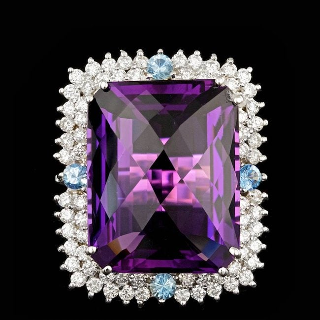 14k Gold 26.00ct Amethyst 1.90ct Diamond Ring: Retail: $12,700.00 ****** 14k Gold 26.00ct Amethyst 1.90ct Diamond Ring ****** Metal: 14k Solid White Gold / Size: 8 / Total Item Weight: 19.0 grams / Country Made: United States / / Main Stone: Ameth