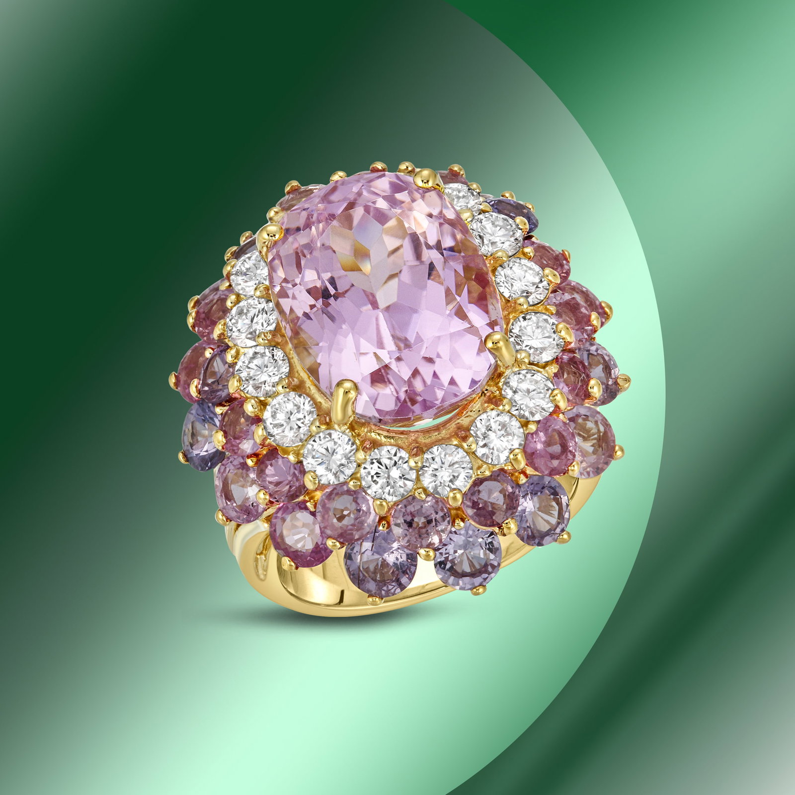 14K Gold 12.44cts Kunzite, 7.48cts Sapphire & 1.64cts Diamond Ring: Retail: $19,650***** 14K Gold 12.44cts Kunzite, 7.48cts Sapphire & 1.64cts Diamond Ring****** Metal: 14K Yellow Gold/ Total Wt.: 12.8g/ Country Made USA// Main Stone: Kunzite/ Carat Total Wt: 12.44cts