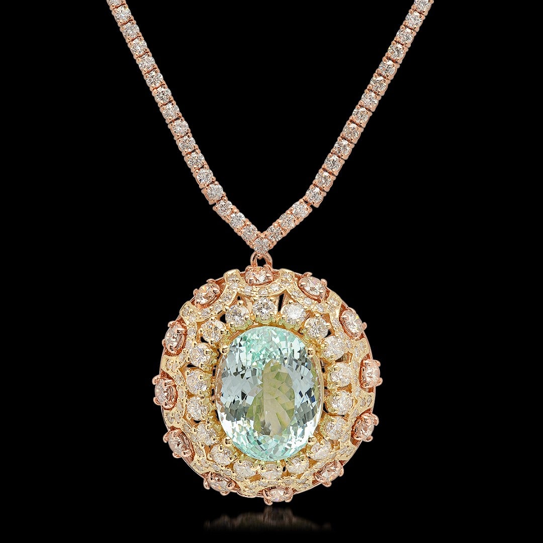 14K Rose Gold, 16.50cts Aquamarine, 11.80cts Diamond Necklace: Retail: $72,355.00****** 14K Rose Gold, 16.50cts Aquamarine, 11.80cts Diamond Necklace******* Metal: 14K Rose Gold/ Country Made USA// Main Stone: Aquamarine/ Adjacent Stone: Diamond/ Main Carat Wt.: 