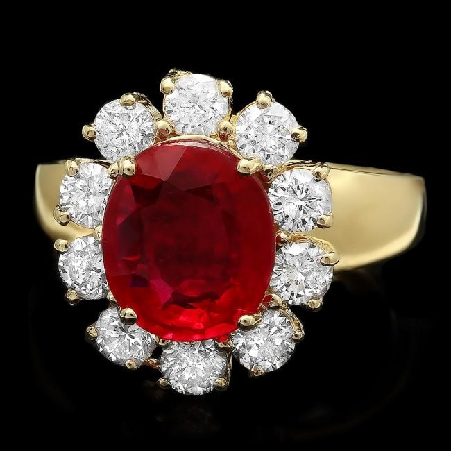 14k Yellow Gold 3.50ct Ruby 1.30ct Diamond Ring: Retail: $7,850.00 ****** 14k Yellow Gold 3.50ct Ruby 1.30ct Diamond Ring ****** Metal: 14k Solid Yellow Gold / Size: 7.75 / Total Item Weight: 6.00 grams / Country Made: United States / / Main Stone: 