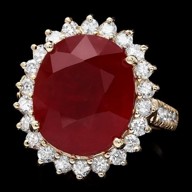 14k Yellow Gold 15.00ct Ruby 1.40ct Diamond Ring: Retail: $9,750.00 ****** 14k Yellow Gold 15.00ct Ruby 1.40ct Diamond Ring ****** Metal: 14k Solid Yellow Gold / Size: 7.5 / Total Item Weight: 10 grams / Country Made: United States / / Main Stone: Ru