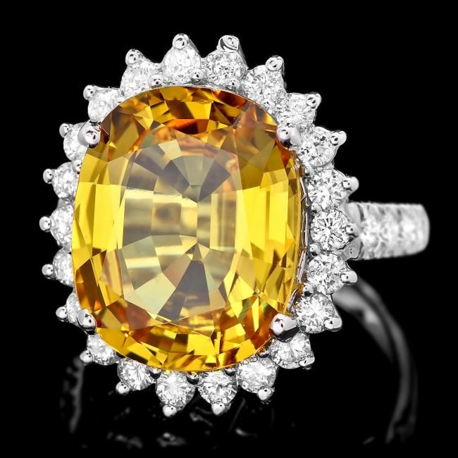 14k Gold 12.20ct Sapphire 1.40ct Diamond Ring: Retail: $38,900.00 ****** 14k Gold 12.20ct Sapphire 1.40ct Diamond Ring ****** Metal: 14k Solid White Gold / Total Item Weight: 9.5 grams / Country Made: USA / / Main Stone: Sapphire / Color: Yellow /