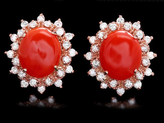 14k Rose 6.00ct Coral 1.40ct Diamond Earrings: Retail: $6,900.00 ****** 14k Rose 6.00ct Coral 1.40ct Diamond Earrings ****** Metal: 14k Solid Rose Gold / Total Item Weight: 6.5 grams / Country Made: United States / / Main Stone: Coral / Color: Ora