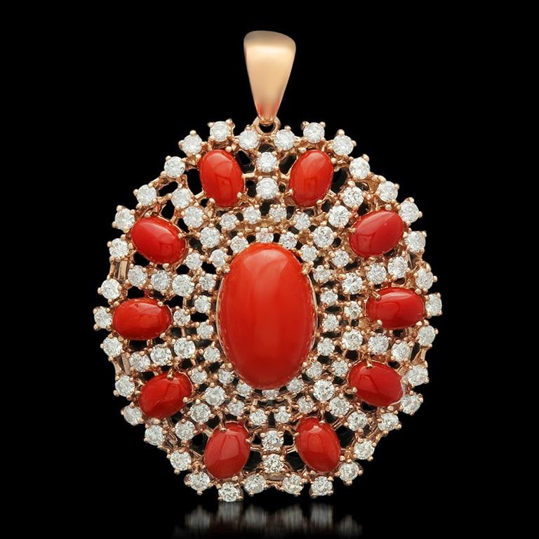 14K Yellow Gold 15.72ct Coral 5.48ct Diamond Pendant: Retail: $26,870.00 ******14K Yellow Gold Coral & Diamond Pendant ****** Metal: 14K Solid Gold / Total Item Weight: 22.2 / Country Made: United States / / Main Stone: Coral / Color: Reddish Orange / Ca