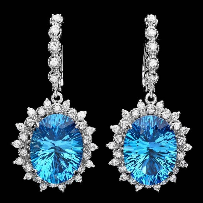 14k Gold 21.50ct Topaz 1.50ct Diamond Earrings: Retail: $14,600.00 ****** 14k Gold 21.50ct Topaz 1.50ct Diamond Earrings ****** Metal: 14k Solid White Gold / Total Item Weight: 13.5 grams / Country Made: United States / / Main Stone: Topaz / Color:
