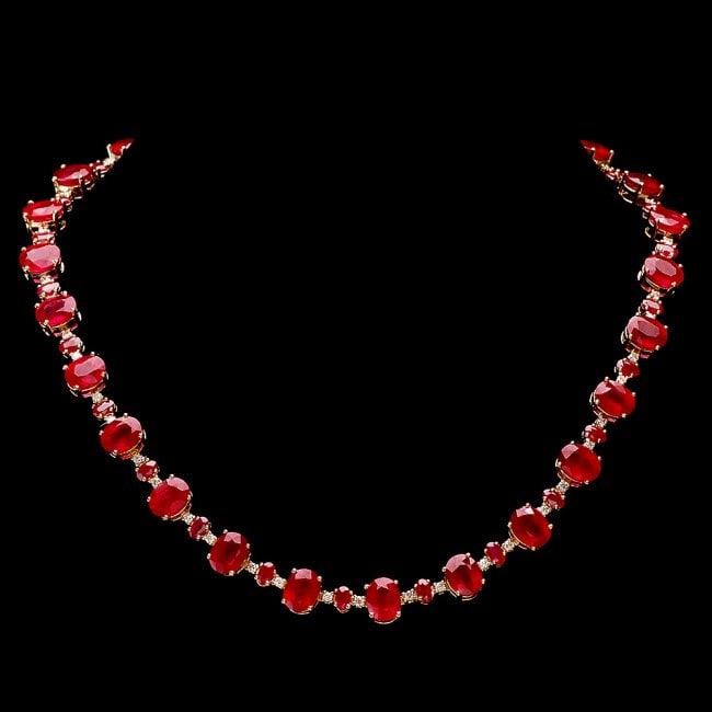 14k Yellow Gold 69ct Ruby 1.75ct Diamond Necklace: Retail: $38,950.00 ****** 14k Yellow Gold 69ct Ruby 1.75ct Diamond Necklace ****** Metal: 14k Solid Yellow Gold / Size: 17 / Total Item Weight: 46.0 grams / Country Made: United States / / Main Stone: