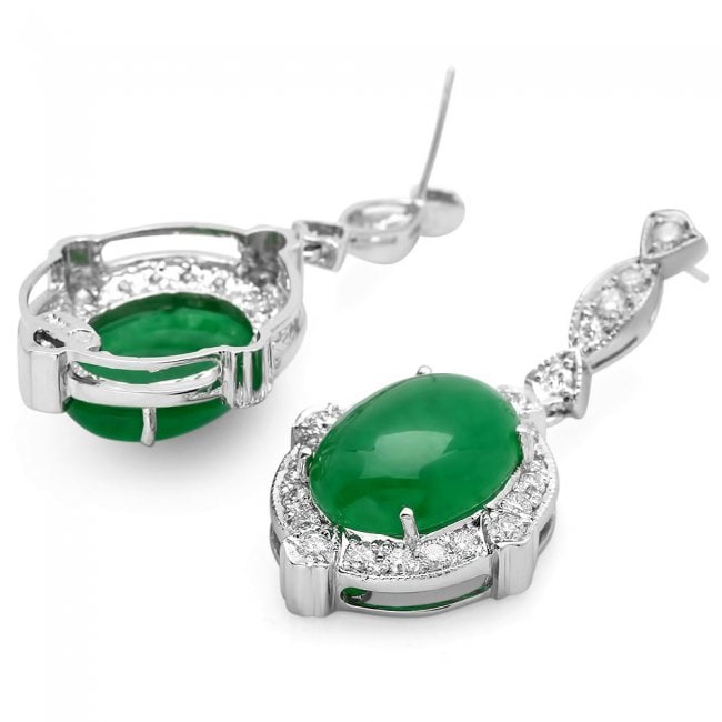 14k Gold 13.00ct Jade 1.75ct Diamond Earrings: Retail: $18,900.00 ****** 14k Gold 13.00ct Jade 1.75ct Diamond Earrings ****** Metal: 14k Solid White Gold / Total Item Weight: 11.5 grams / Country Made: United States / / Main Stone: Jade / Color: G