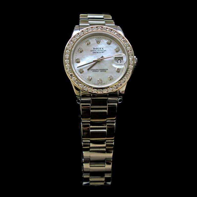 Rolex DateJust 31mm Oyster Band Diamond Dial & Bezel Aprox. 1.85 Womens Wristwatch: ****** Rolex DateJust 31mm Oyster Band Custom Diamond Dial & Bezel Aprox. 1.85 cts. Womens Wristwatch ****** One Womens, Rolex DateJust 31mm Oyster Band Diamond Dial & Bezel Aprox. 1.85 Wristwatch Sta