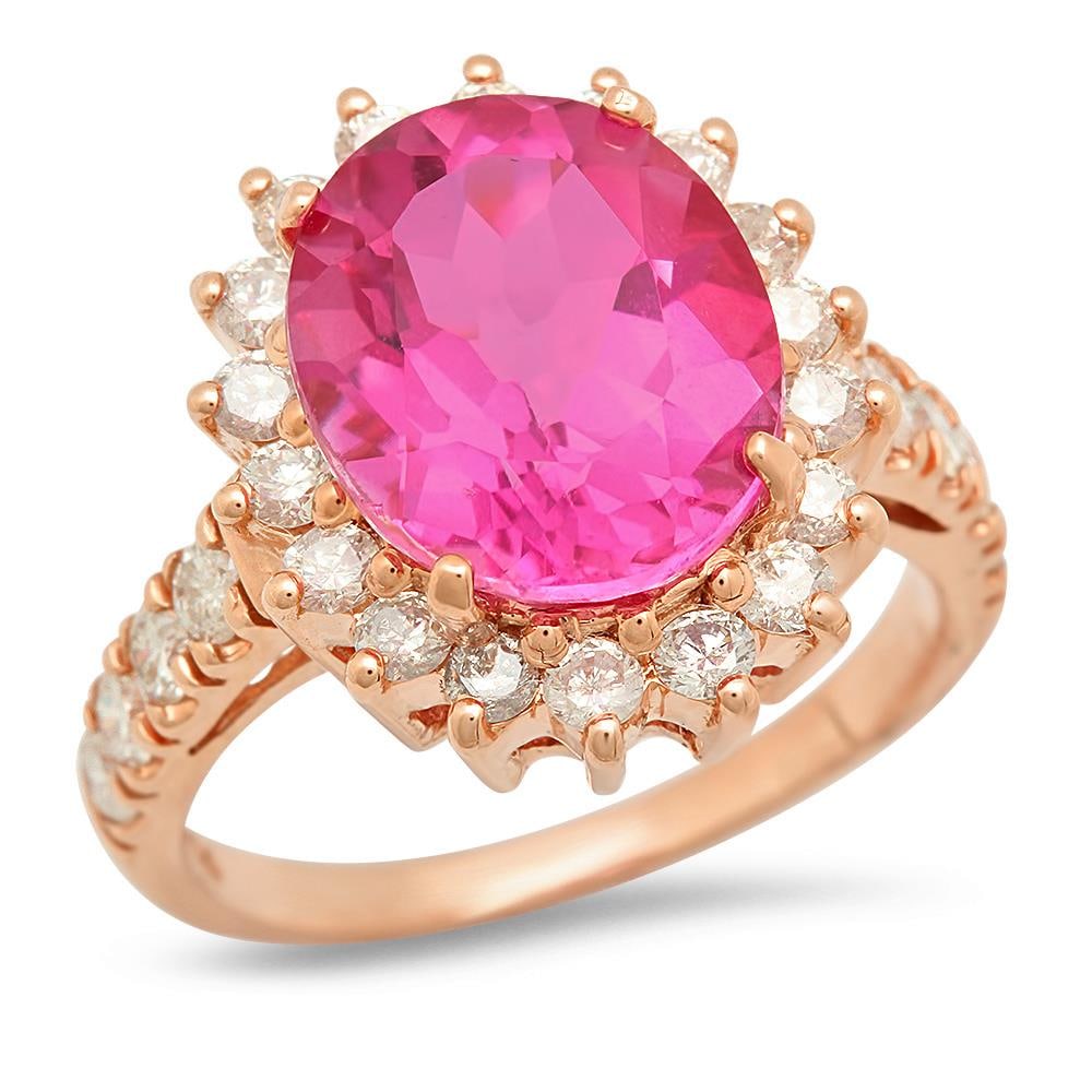 14K Gold 6.01ct Pink Topaz 1.10cts Diamond Ring: Retail: $5,592.00 ****** 14K Gold 6.01ct Pink Topaz 1.10cts Diamond Ring ****** Metal: 14K Rose Gold / Total Item Weight: 6.4 grams / Country Made: United States / Main Stone: Pink Topaz / Color: Pink