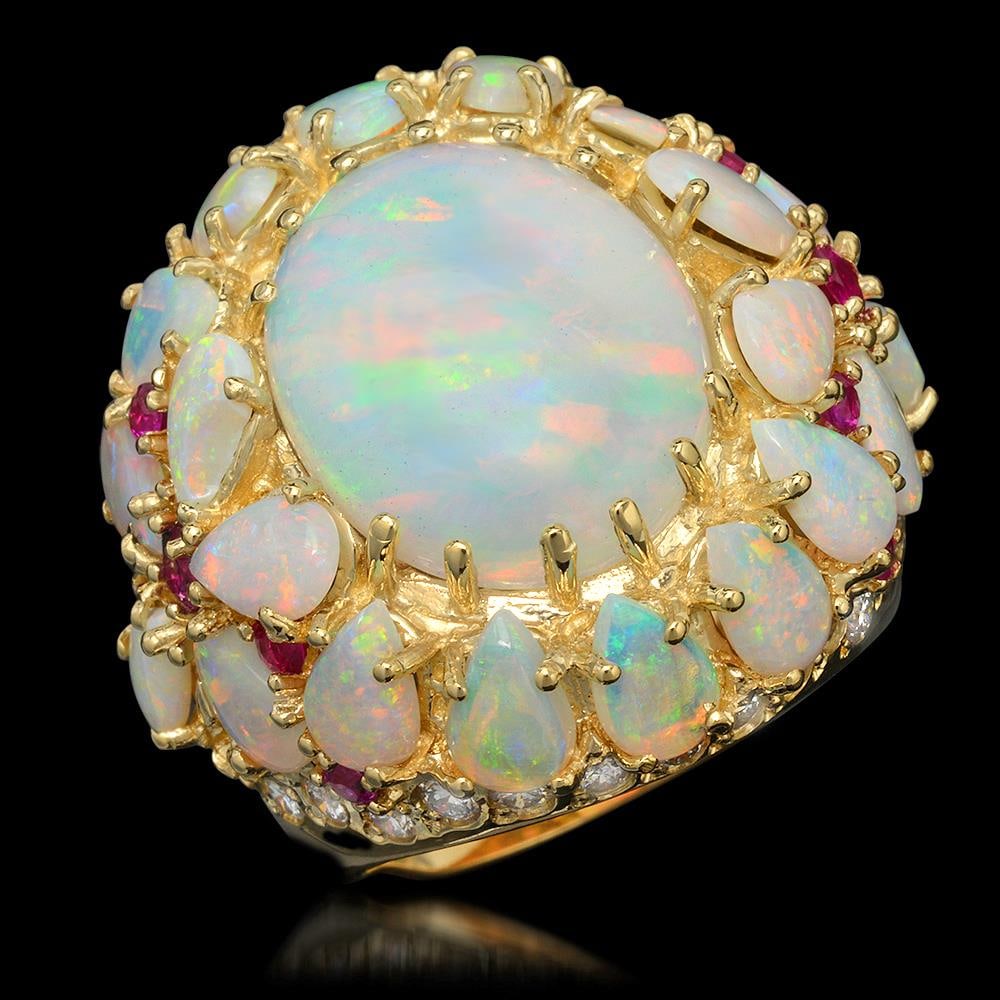 14k Yellow Gold 12.46ct Opal 0.39ct Ruby 1.20ct Diamond Ring: Retail: $15,943.00 ****** 14k Yellow Gold 12.46ct Opal 0.39ct Ruby 1.20ct Diamond Ring ****** Metal: 14K Yellow Gold / Total Item Weight: 14.4 grams / Country Made: United States / / Main Stone: Opal 