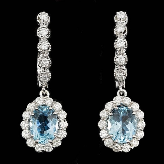 14k 3.00ct Aquamarine 1.35ct Diamond Earrings: Retail: $11,600.00 ****** 14k 3.00ct Aquamarine 1.35ct Diamond Earrings ****** Metal: 14k Solid White Gold / Total Item Weight: 5.0 grams / Country Made: United States / / Main Stone: Aquamarine / Col