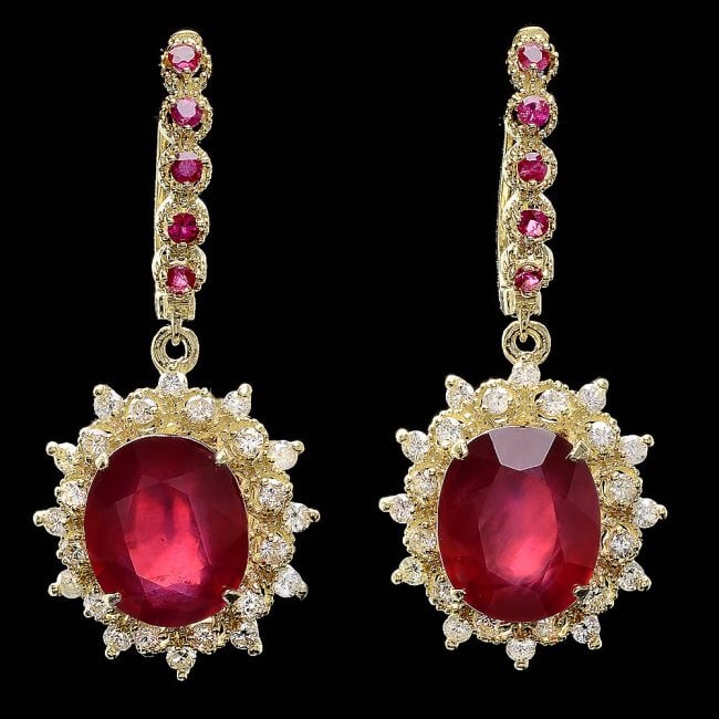 14k Gold 14.4ct Ruby 1.20ct Diamond Earrings: Retail: $7,200.00 ****** 14k Gold 14.4ct Ruby 1.20ct Diamond Earrings ****** Metal: 14k Solid Yellow Gold / Total Item Weight: 10.5 grams / Country Made: United States / / Main Stone: Ruby / Color: Re