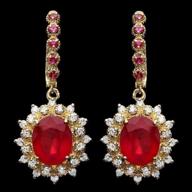 14k Gold 11.00ct Ruby 1.30ct Diamond Earrings: Retail: $8,750.00 ****** 14k Gold 11.00ct Ruby 1.30ct Diamond Earrings ****** Metal: 14k Solid Yellow Gold / Total Item Weight: 9.5 grams / Country Made: United States / / Main Stone: Ruby / Color: Re