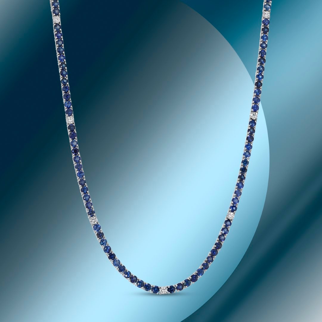 14K Gold 10.40cts Sapphire & 0.62cts Diamond Necklace: Retail: $19,764***** 14K Gold 10.40cts Sapphire & 0.62cts Diamond Necklace****** Metal: 14K White Gold/ Total Wt.: NA / Country Made USA// Main Stone: Sapphire / Carat Total Wt: 10.40cts / Treatment: 