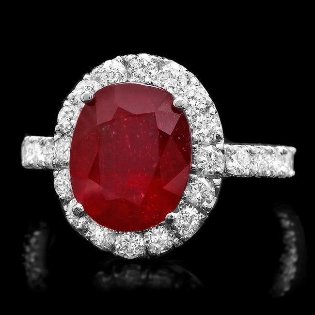 14k White Gold 5.00ct Ruby 1.40ct Diamond Ring: Retail: $7,300.00 ****** 14k White Gold 5.00ct Ruby 1.40ct Diamond Ring ****** Metal: 14k Solid White Gold / Size: 7.5 / Total Item Weight: 5.5 grams / Country Made: United States / / Main Stone: Ruby