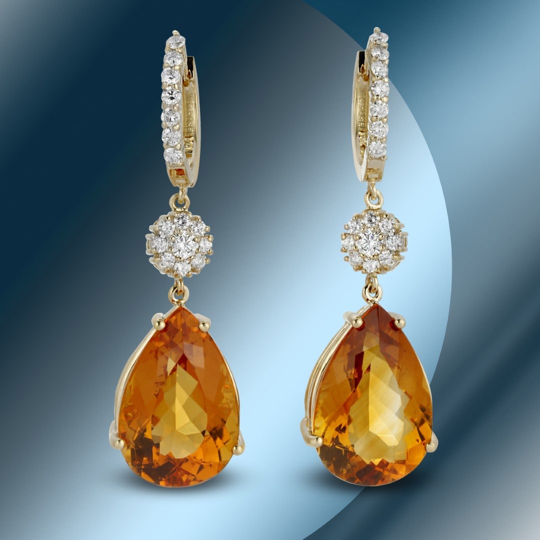 14K Gold 24.04 Citrine & 1.30cts Diamond Earrings: Retail: $9,392***** 14K Gold 24.04cts Citrine & 1.30cts Diamonds Earrings****** Metal: 14K Yellow Gold/ Total Wt.: 13.9g/ Country Made USA// Main Stone: Citrine / Carat Total Wt: 24.04cts / Treatment: