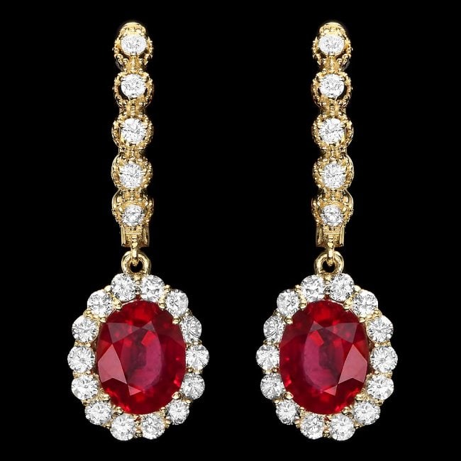 14k Gold 5.00ct Ruby 1.30ct Diamond Earrings: Retail: $8,400.00 ****** 14k Gold 5.00ct Ruby 1.30ct Diamond Earrings ****** Metal: 14k Solid Yellow Gold / Total Item Weight: 5.5 grams / Country Made: United States / / Main Stone: Ruby / Color: Red