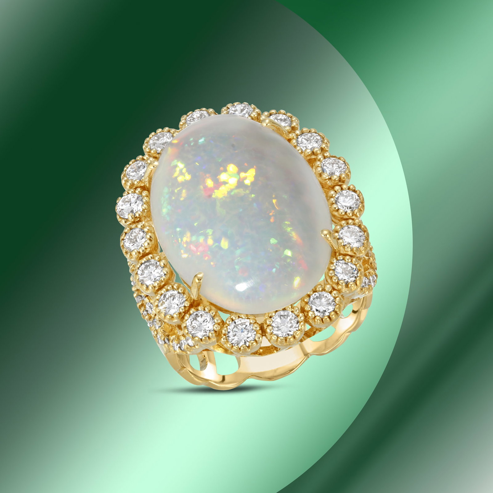 14K Gold 9.88cts Opal & 1.78cts Diamond Ring: Retail: $19,437***** 14k Gold 9.88cts Opal & 1.78cts Diamond Ring****** Metal: 14K Yellow Gold/ Total Wt.: 10.2g/ Country Made USA// Main Stone: Opal/ Carat Total Wt: 9.88cts / Treatment: None/ Color: