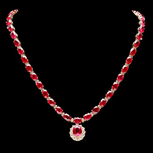 14k Yellow Gold 61ct Ruby 2.50ct Diamond Necklace: Retail: $32,600.00 ****** 14k Yellow Gold 61ct Ruby 2.50ct Diamond Necklace ****** Metal: 14k Solid Yellow Gold / Size: 17.5 / Total Item Weight: 31.5 grams / Country Made: United States / / Main Ston