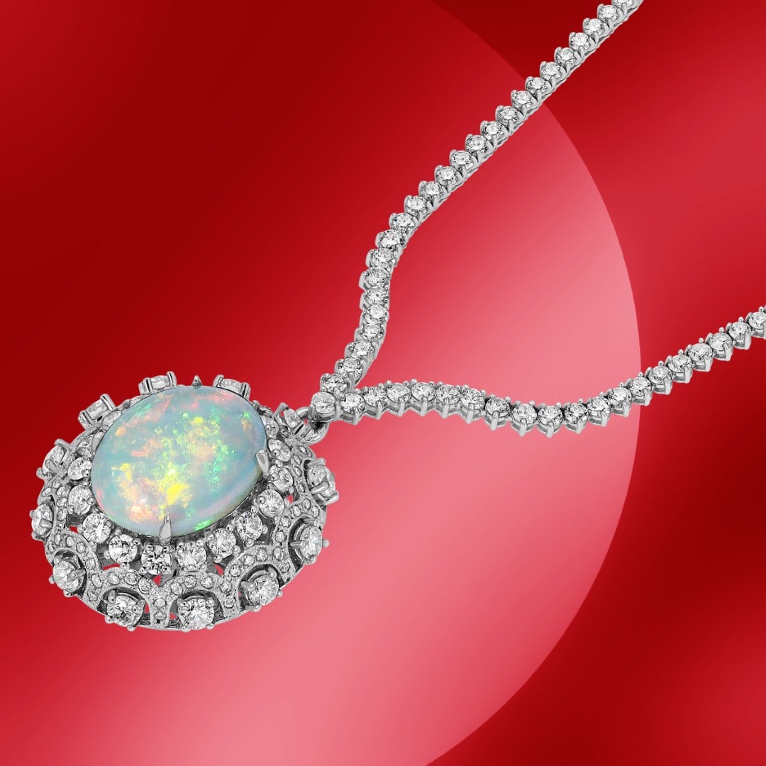 14K Gold 20.03cts Opal & 11.84cts Diamond Necklace: Retail: $91,403*****14K Gold Opal & Diamond Necklace*****Metal: 14K White Gold/ Total Wt.: none / Country Made US// Main Stone: Opal / Carat Total Wt.: 20.03cts / Treatment: none / Color: none / Cut: 